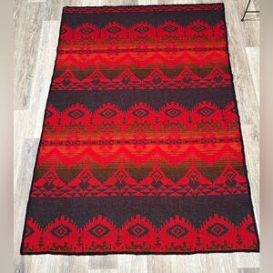 VTG Woolrich ? Wool Throw/Blanket Red Aztec Tribal Native SW Cabin Vibes 86x59”